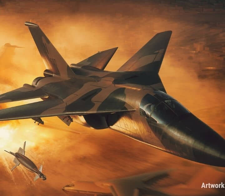 Artwork depicting a U.S. Air Force F-111F during Operation El Dorado Canyon, the 1986 air strike led by Colonel Arnold Franklin.