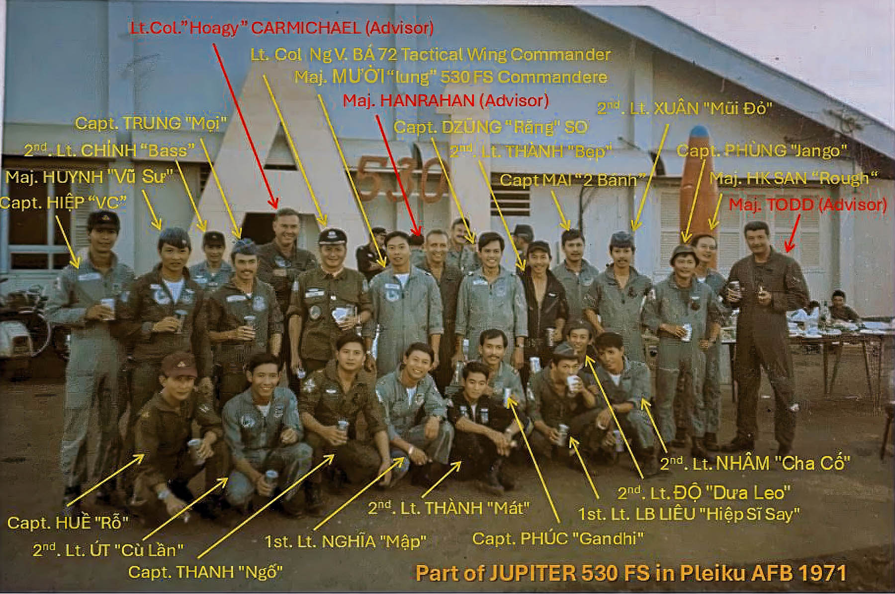 Lt. Col. John Carmichael with members of the 530th Jupiter Squadron at Pleiku Air Base in 1971