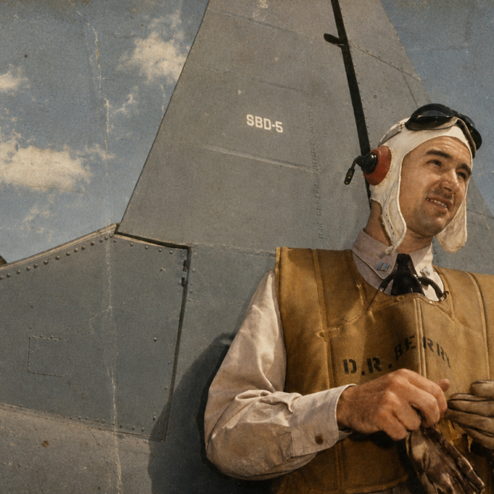 Lt. Cmdr. David Render Berry standing beside an SBD-5 Dauntless during World War II