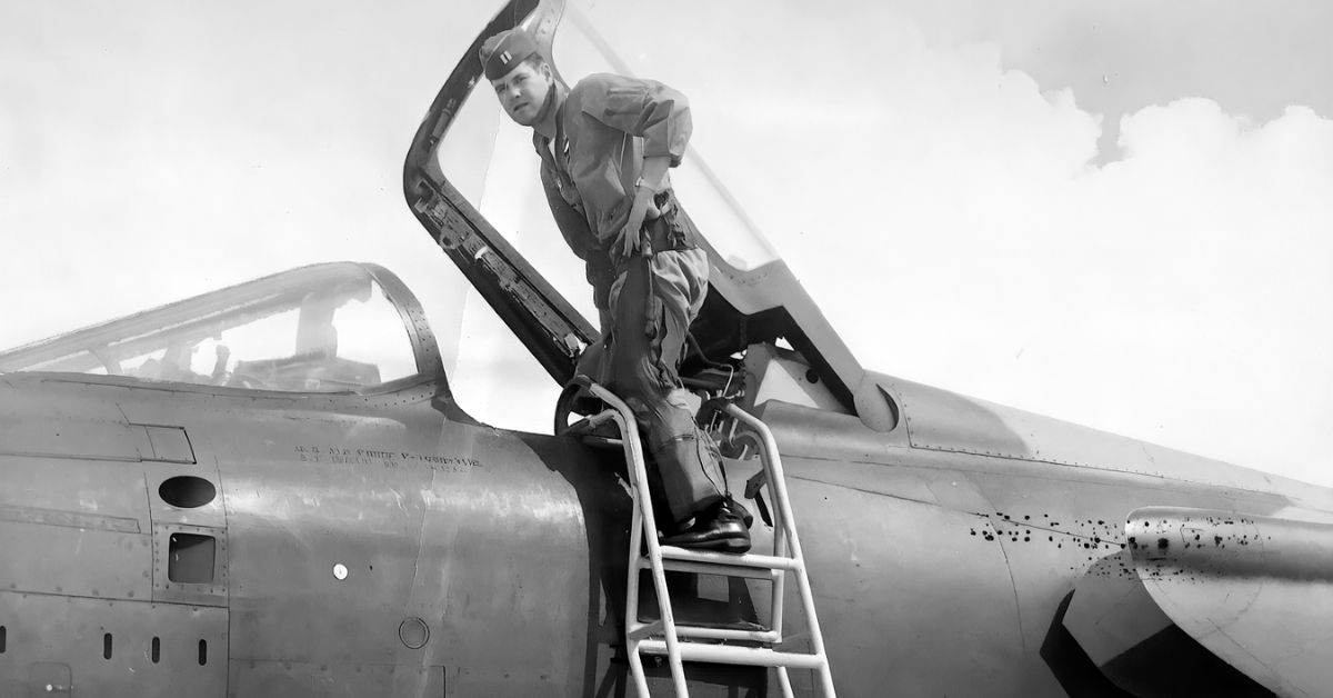 Captain Joseph Ralston climbs into an F-105 Thunderchief at Takhli Royal Thai Air Force Base during the Vietnam War.