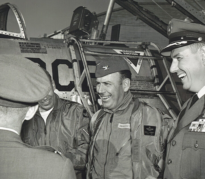 Gen. Russell E. Dougherty climbing from a T-33 Shooting Star in 1962