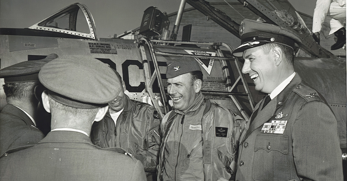 Gen. Russell E. Dougherty climbing from a T-33 Shooting Star in 1962