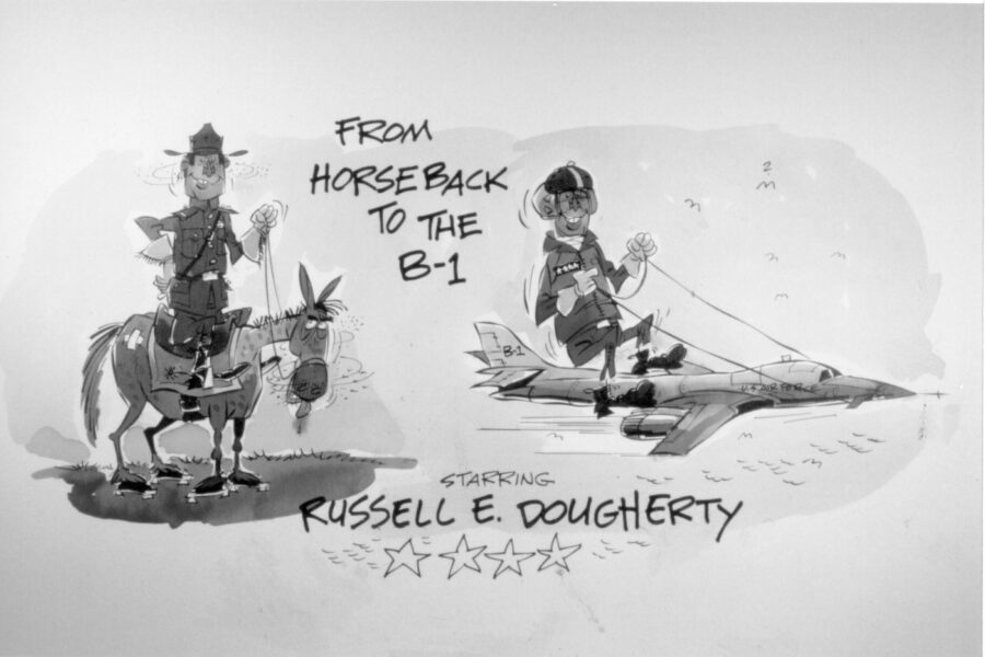 russell-dougherty-horseback-to-b1 From Horseback to the B-1 caricature depicting Gen. Russell E. Dougherty's military career